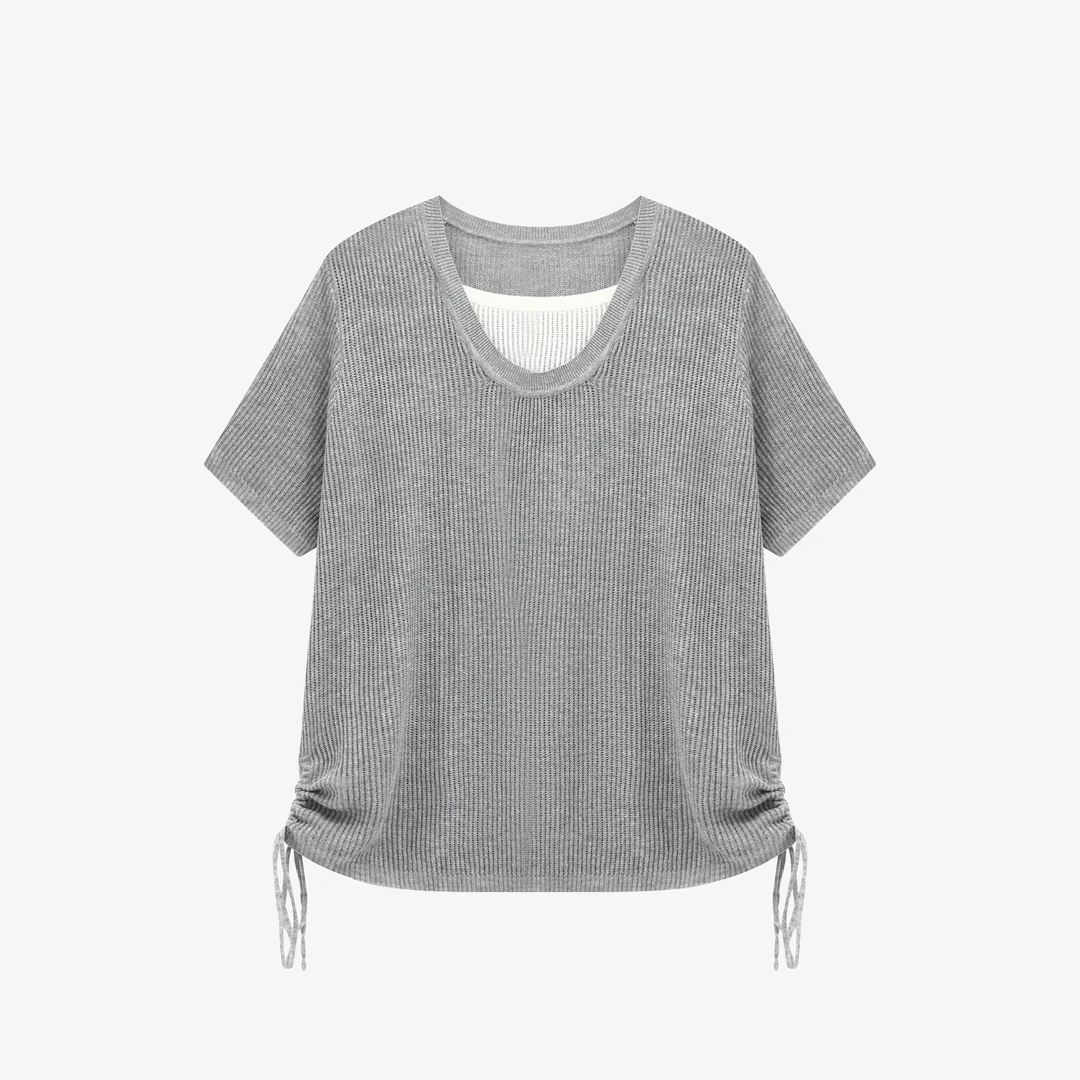 Basic House/百家好夏季莱赛尔亚麻混纺短袖针织衫-B0625B5AQB2