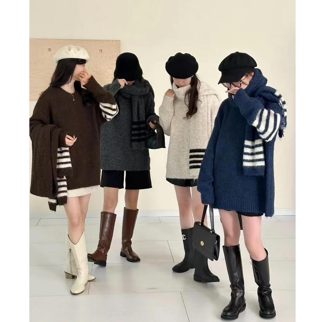 a002 新款条纹设计感套头毛衣女2024秋冬宽松慵懒风针织衫带围巾