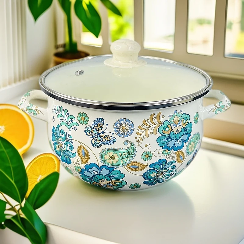 新疆包邮 【20cm杏花胖锅】玻璃盖带把手好看家用带花大容量好用