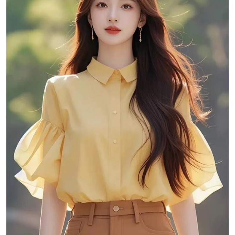 法式黄色翻领衬衫女夏设计感独特新款漂亮小衫别致减龄半袖上衣
