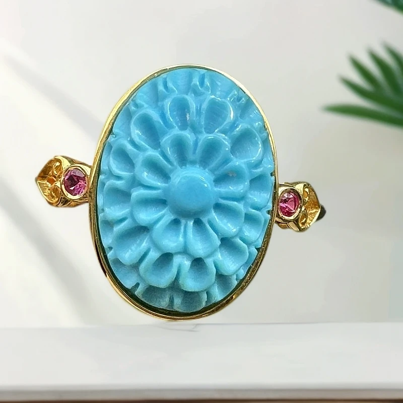 天然绿松石戒指18k金格桑花戒指高瓷高蓝14*10mm