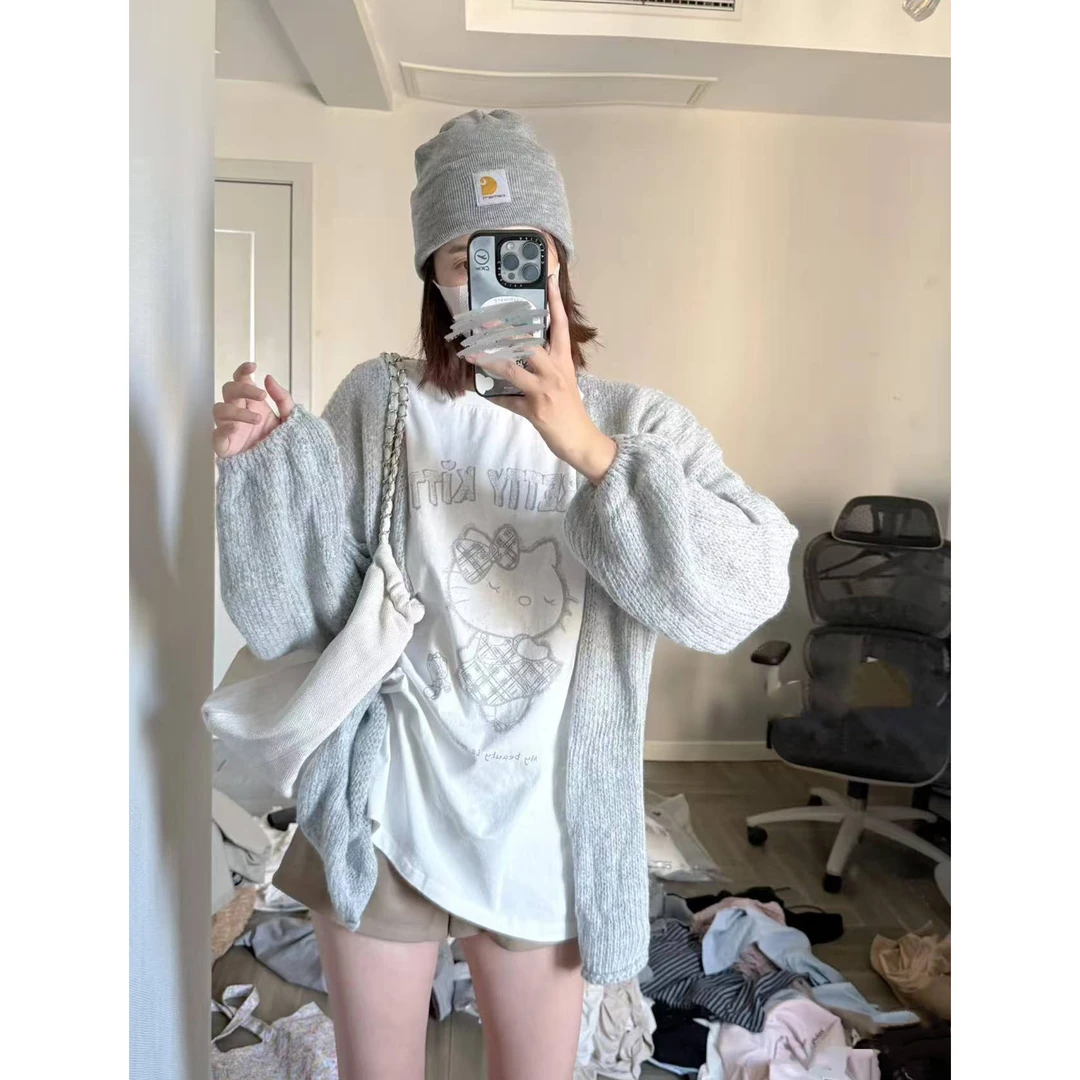 卡通印花圆领长袖T恤+毛衣外套外搭慵懒开衫+长裙 C 9205#