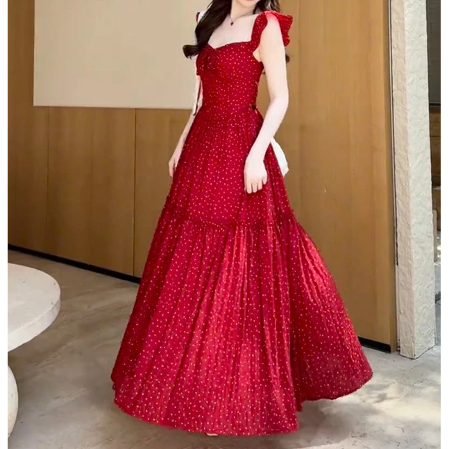 法式复古小飞袖露背连衣裙女夏季温柔风红色海边度假波点红色长裙