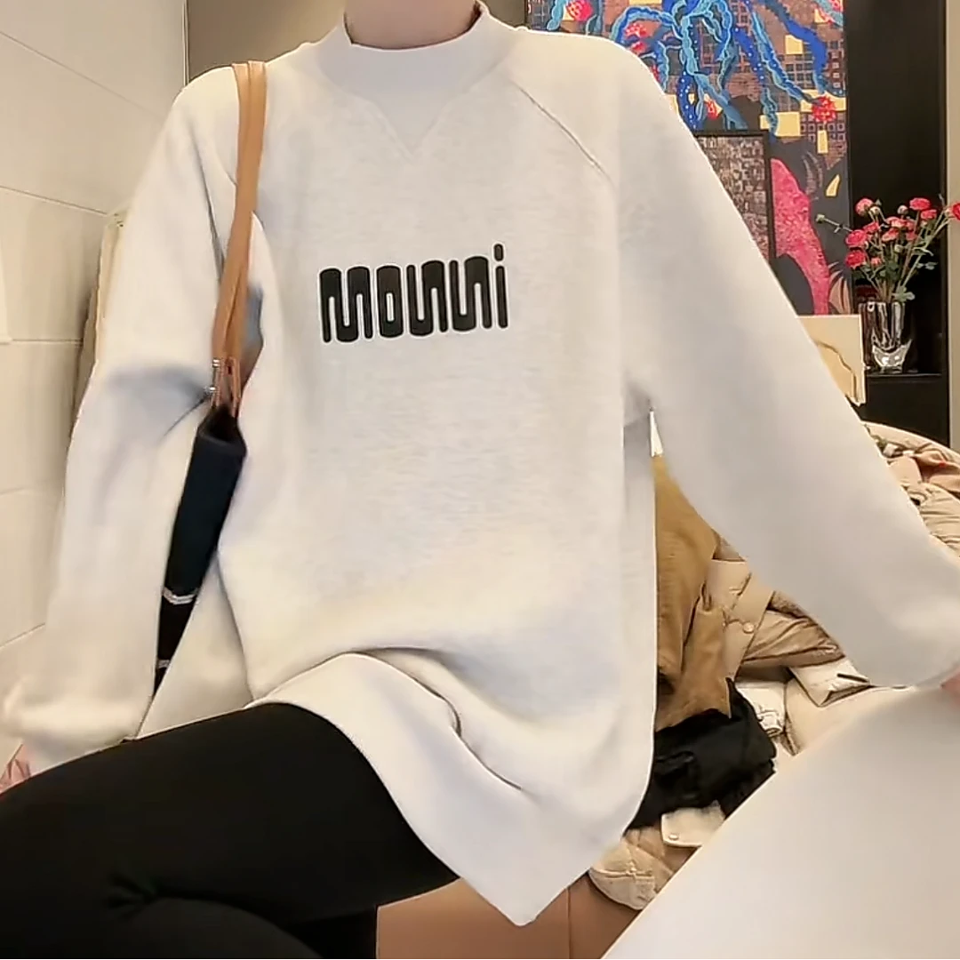 羊羔绒卫衣加绒加厚设计感时尚休闲圆领冬季2024新款字母灰色上衣