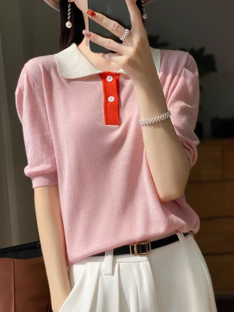 精纺羊毛polo领短袖针织衫女士