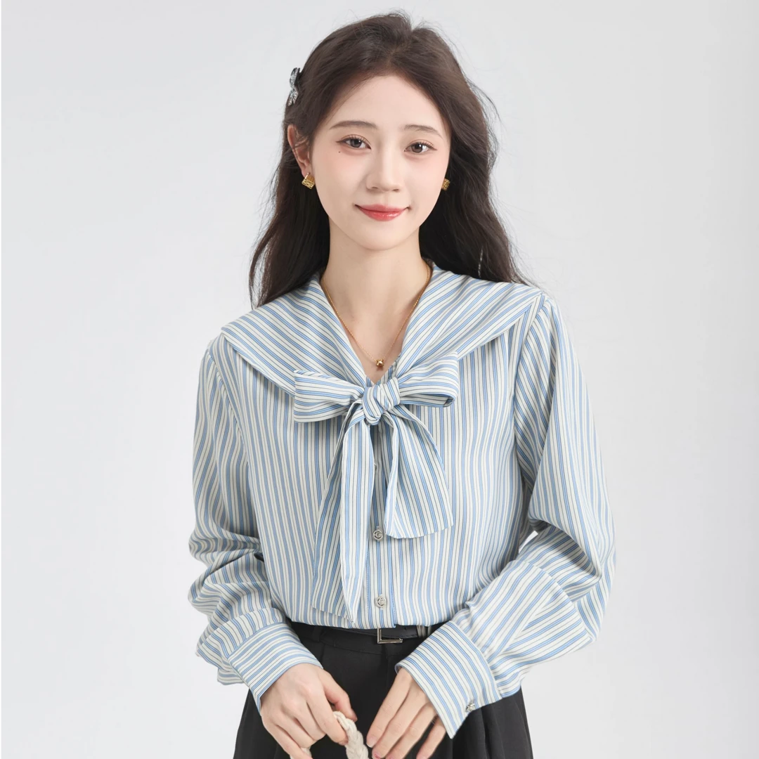 慕兔法式条纹娃娃领蝴蝶结长袖衬衫女2025春新款小众宽松显瘦上衣