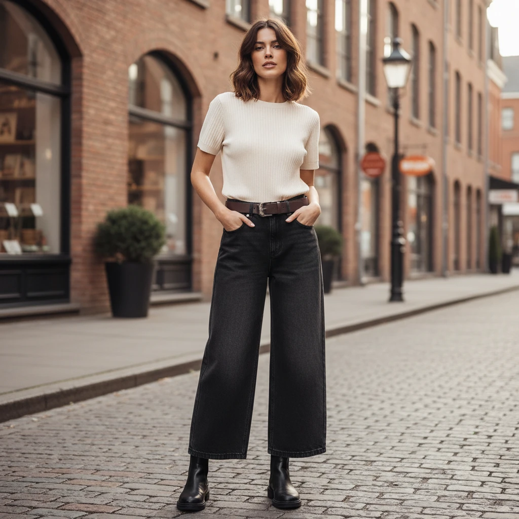 2025秋冬流行新款高腰宽松时尚百搭阔腿裤黑灰色加绒八分牛仔裤女