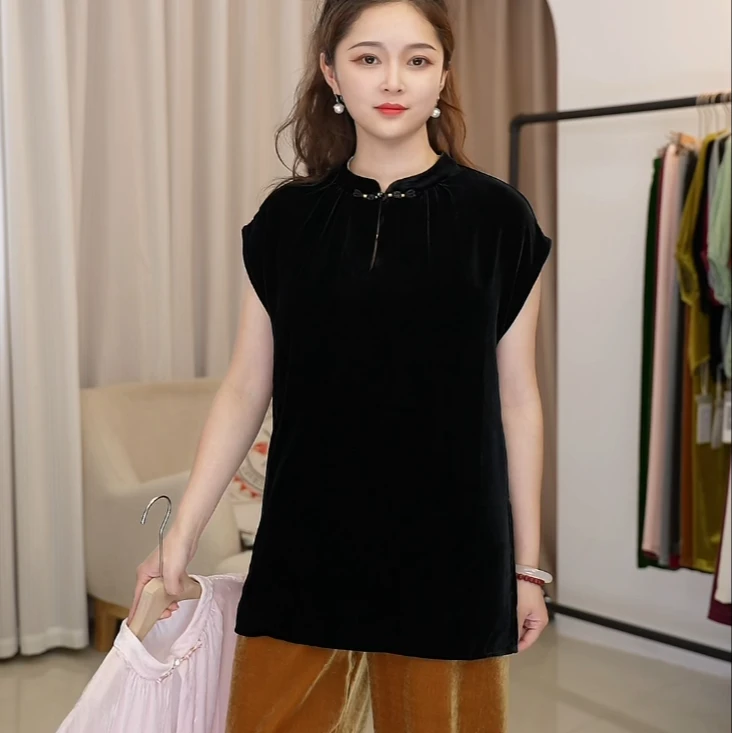 DY2576樱美嘉夏季新款显瘦宽松桑蚕丝丝绒立领短袖T恤衬衫上衣