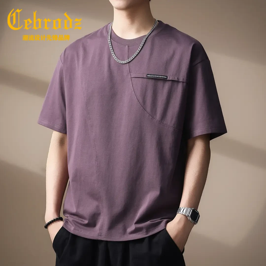 法国Cebrodz美式复古拼接短袖T恤男士夏季新款宽松潮牌休闲简约