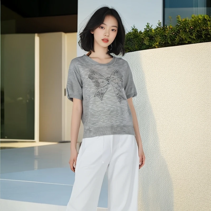 2025夏季时尚百搭上衣气质休闲针织短袖圆领衬衣女士T 0369   恩