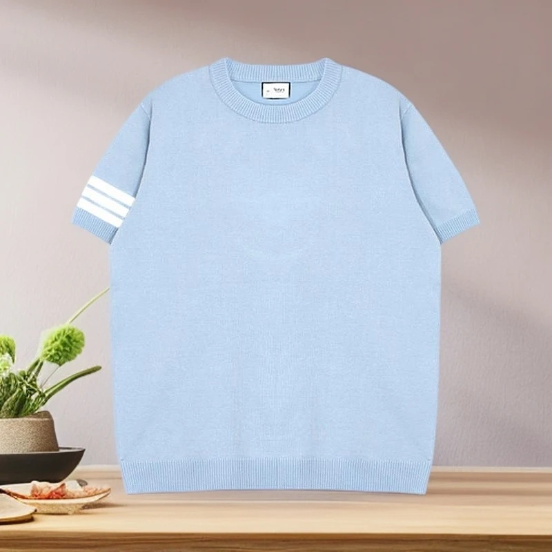 香朵儿条纹高级感百搭针织上衣2025春夏新款情侣宽松圆领套头短袖