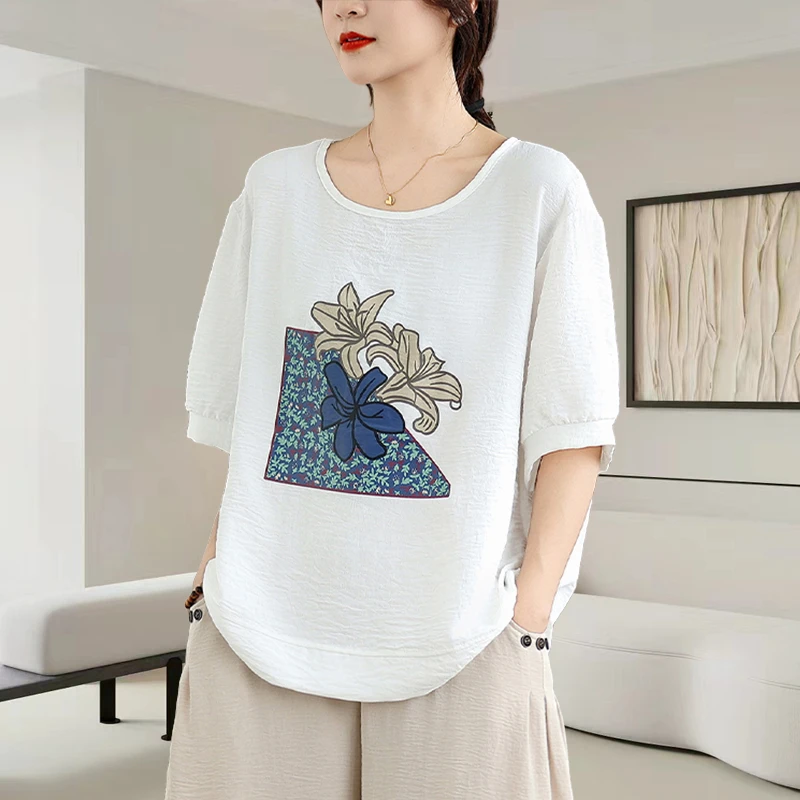 黑色圆领印花短袖T恤女士2025夏季新款时尚减龄宽松休闲显瘦上衣