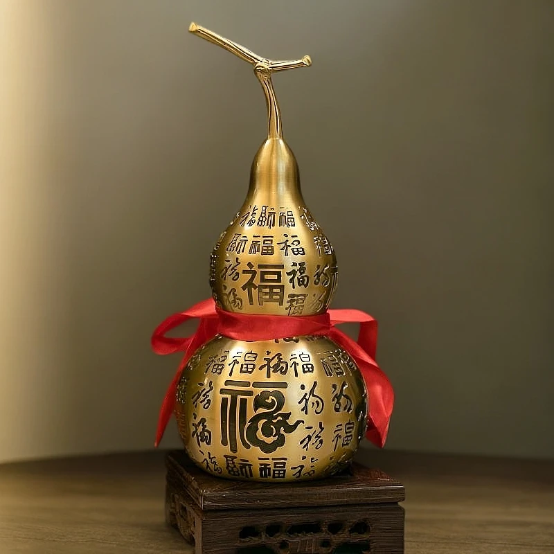 大号纯黄铜百福葫芦摆件中式玄关摆设家用书房手工艺黄铜摆件挂件