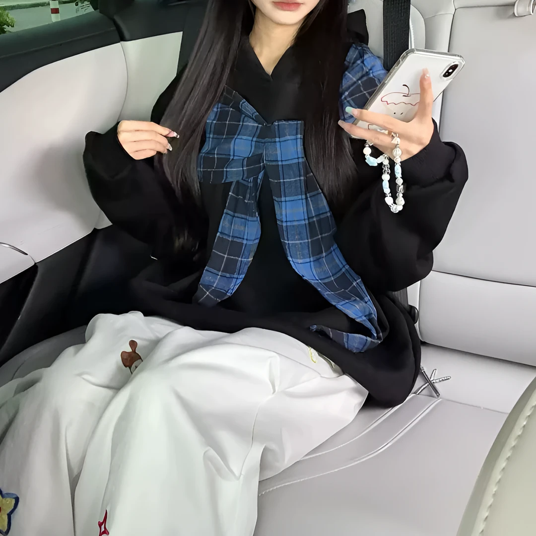 【奇想漫游】格纹蝴蝶结绑带连帽卫衣女春秋慵懒风美式高街上衣情侣