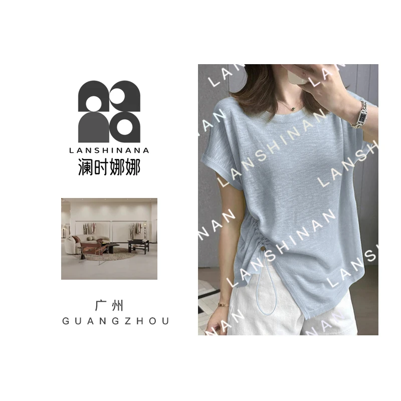 Lsnn！秋季上新！T恤女2025夏装不规则圆领冰丝短袖设计减龄上衣ins