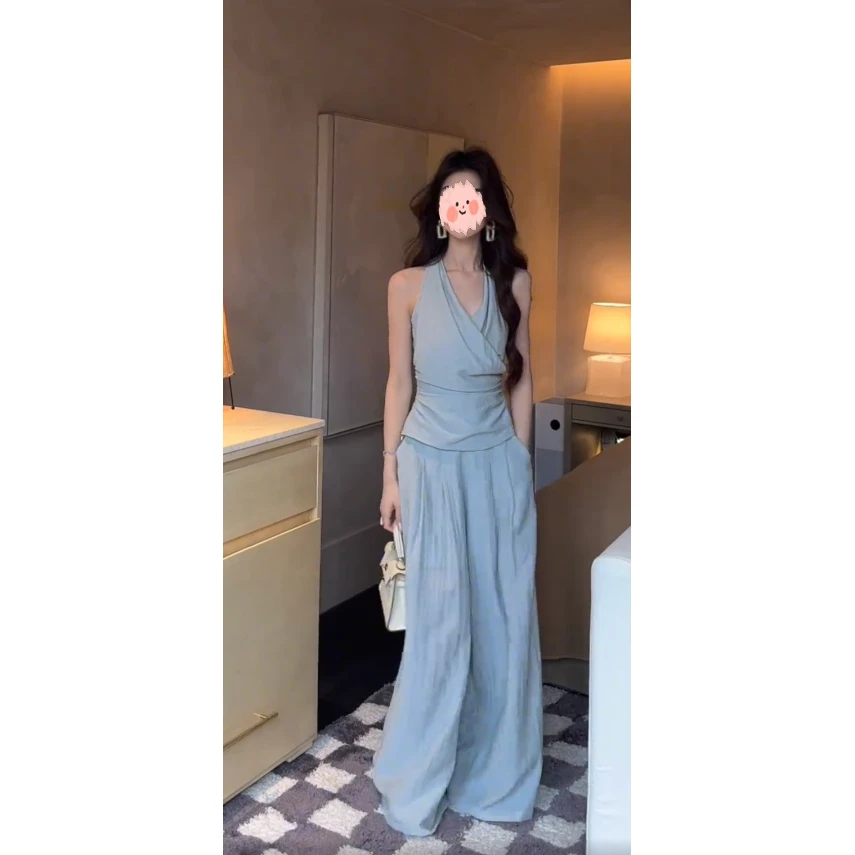 韩系简约挂脖无袖吊带背心女2025夏季新款高腰阔腿裤休闲两件套装