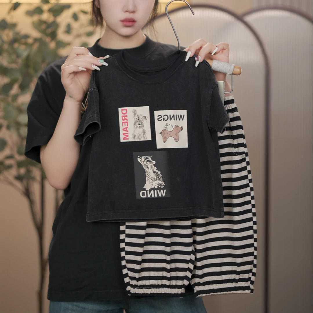 【菠菜不菜】儿童韩版夏季时尚百搭洋气休闲男女童时髦条纹套装