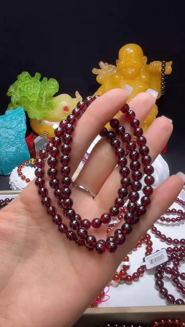 【闪购商品】石榴石手串未镶嵌酒红色石榴石多圈6mm+,多样式发一