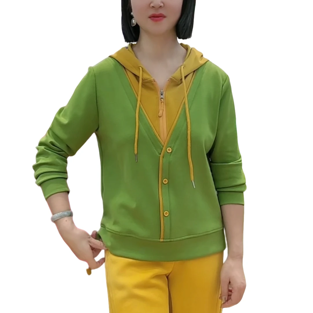 【洋玉服饰】2025时尚潮牌撞色拼接半拉链女士春季连帽卫衣假两件
