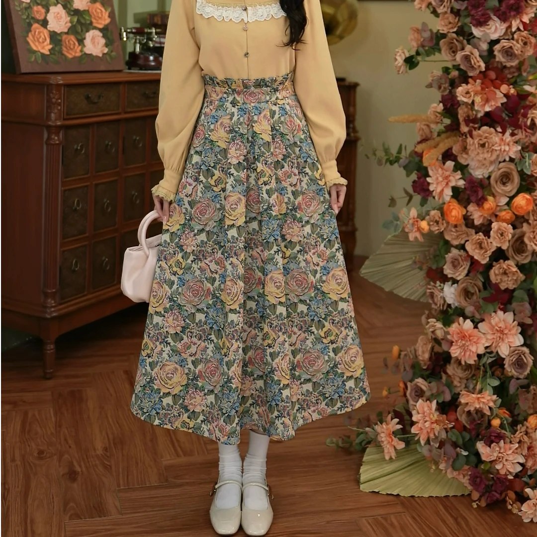 LIJIUJIU【黄茶春影】春碎花显瘦高腰百搭法式复古半身裙JZ2501026