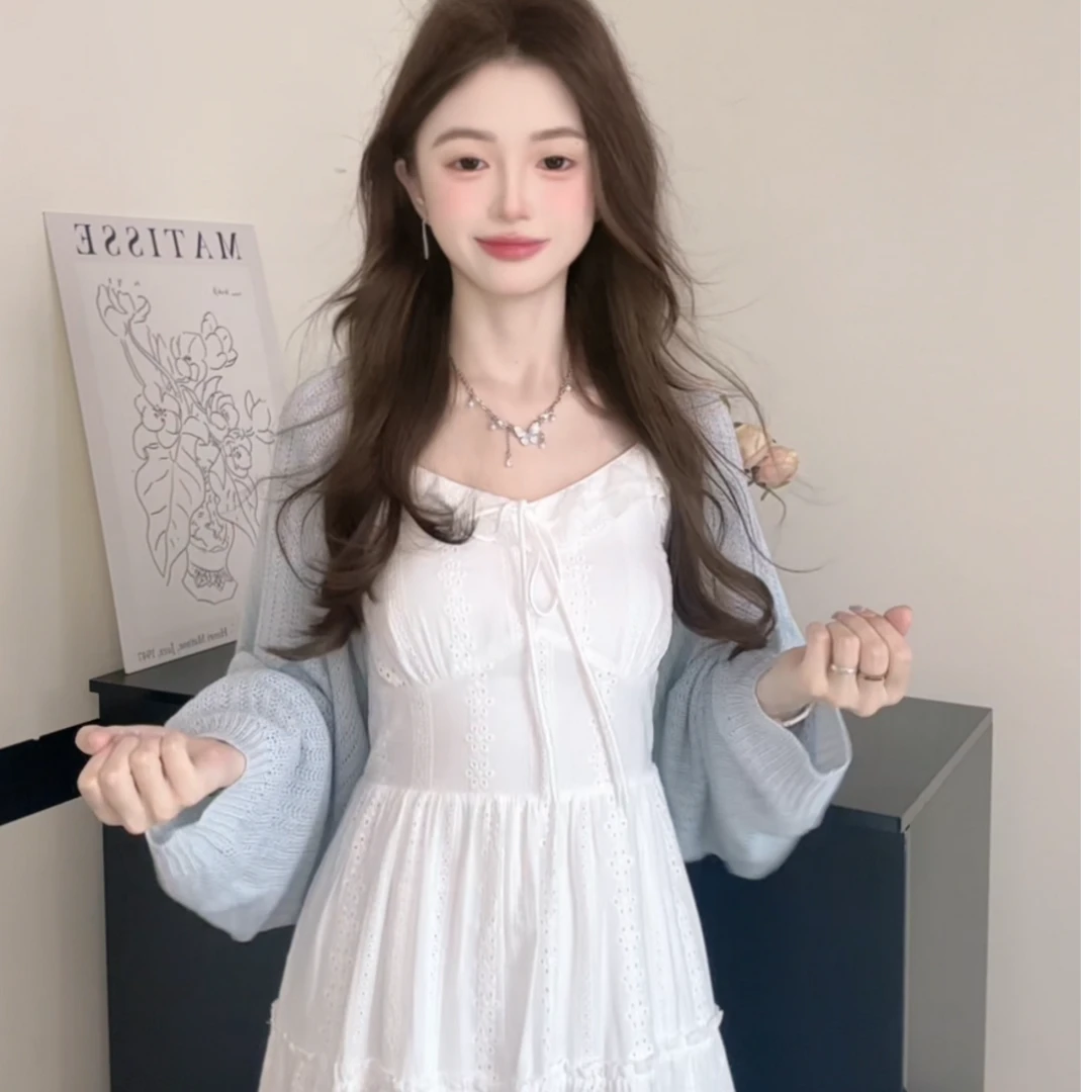 法式温柔风白色吊带裙女2025春季新款V领开衫连衣裙两件套装