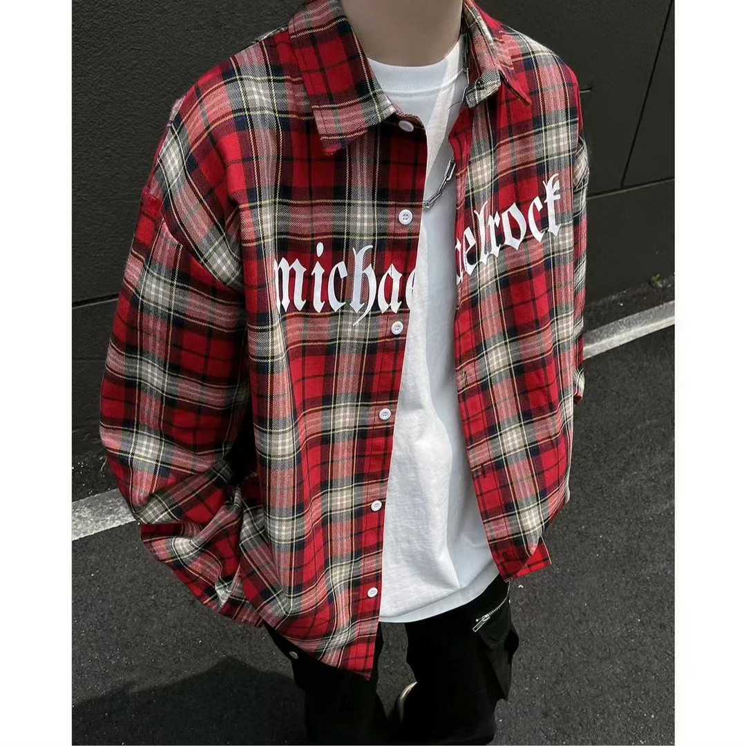 ASKISR春夏港风格子衬衫男ins韩版潮流宽松长袖衬衣日系慵懒外套