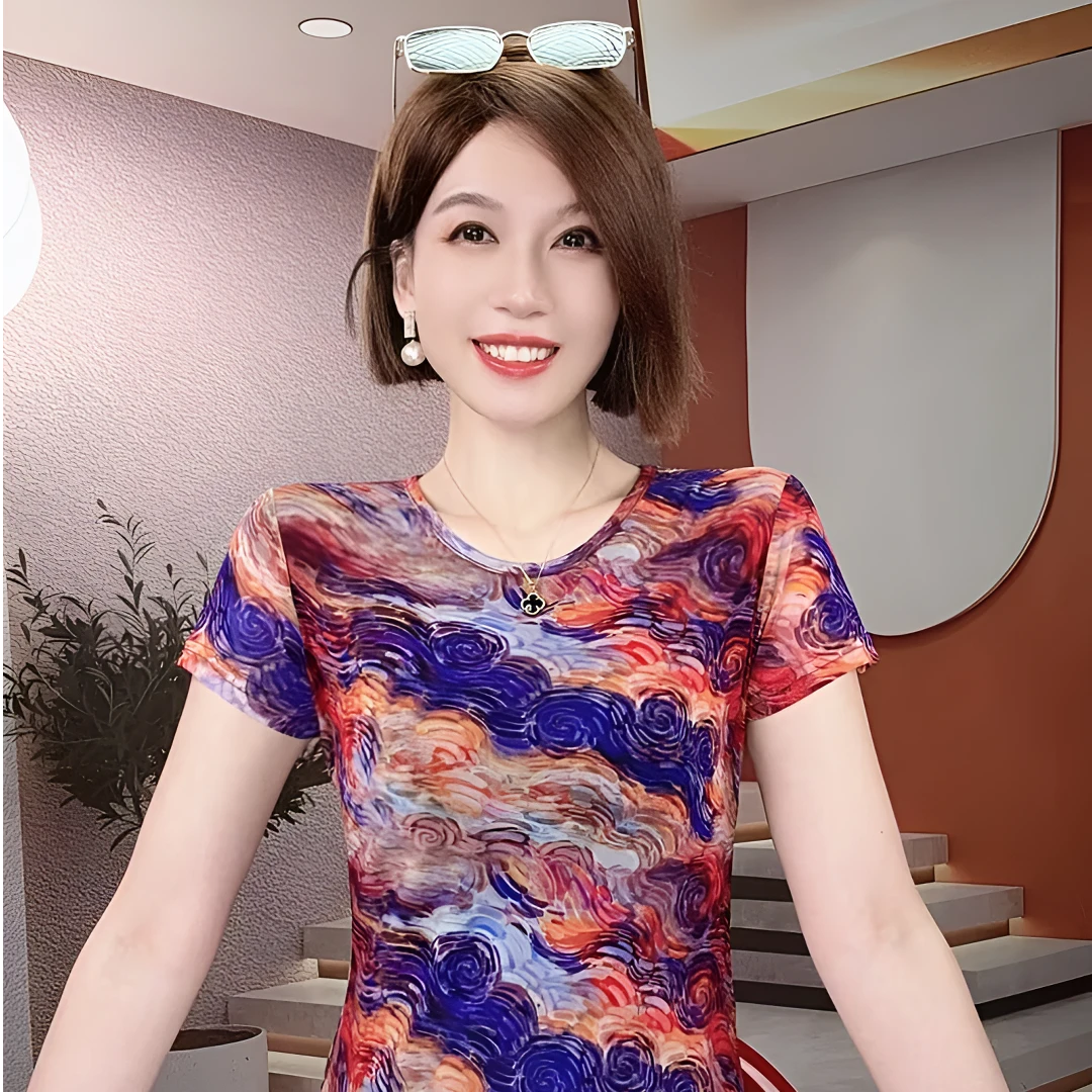 纱网印花休闲风半袖显瘦常规款夏短款T恤夏季印花圆领打底衫上衣