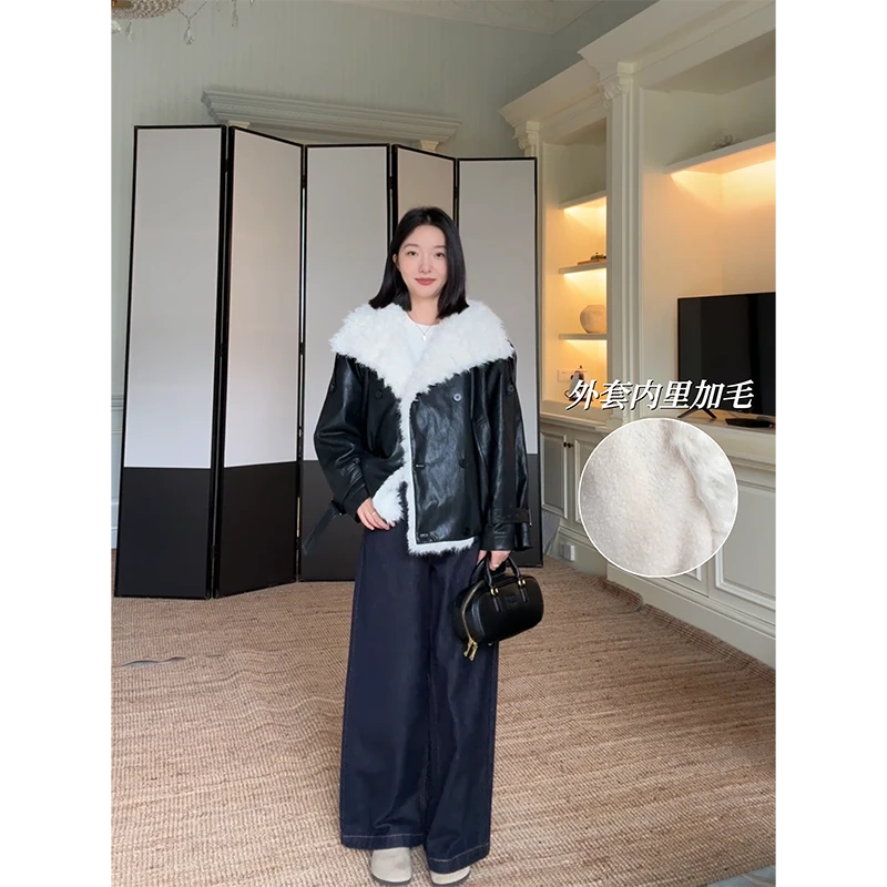 郭九九呢 气质简约仿皮毛一体显瘦短外套阔腿牛仔裤 G925T17375