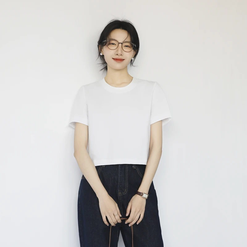 露脐短款圆领t恤女短袖正肩棉质外穿宽松通勤体恤高腰上衣打底衫