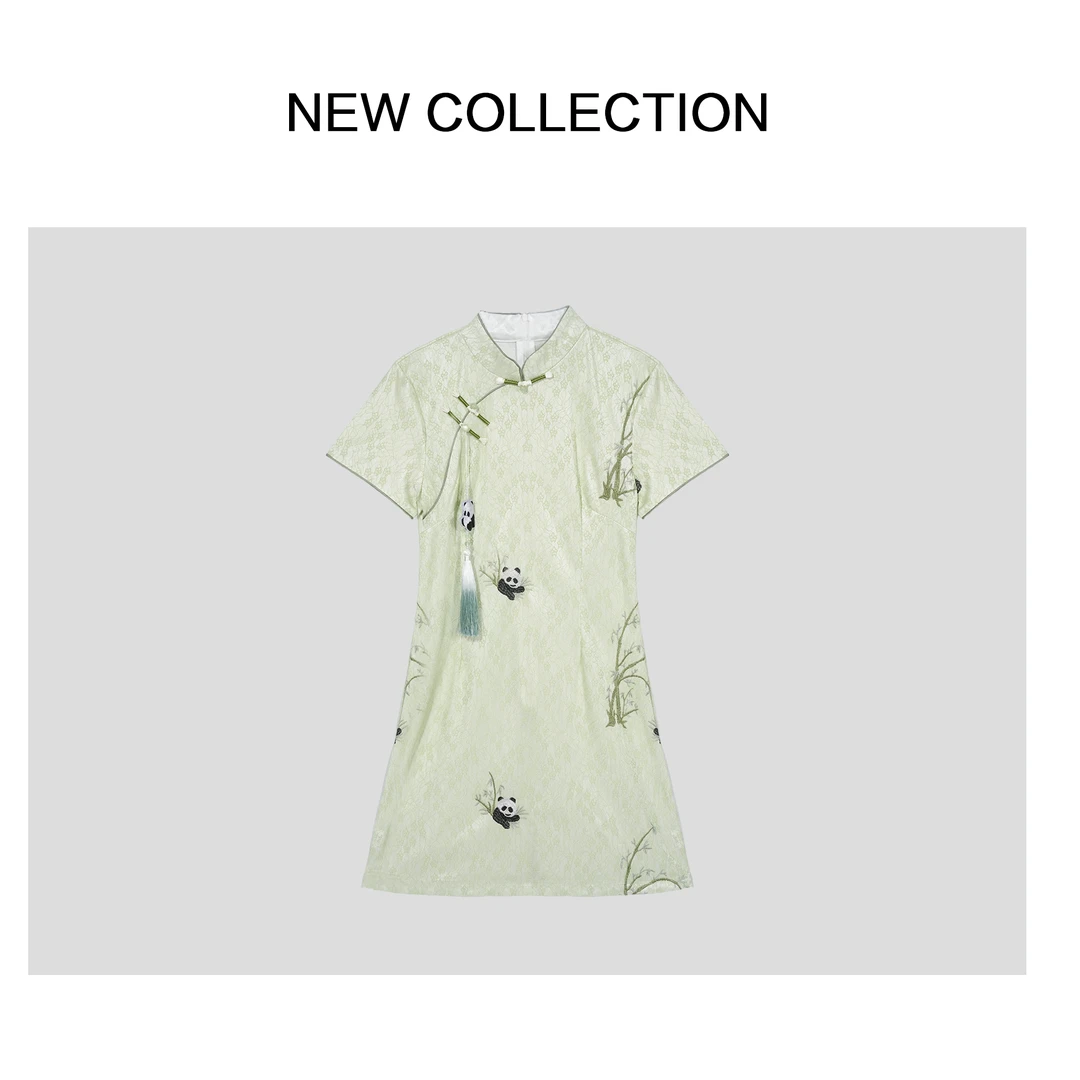 【小依专享】新中式时尚百搭淡绿熊猫刺绣夏季气质优雅连衣裙-6281