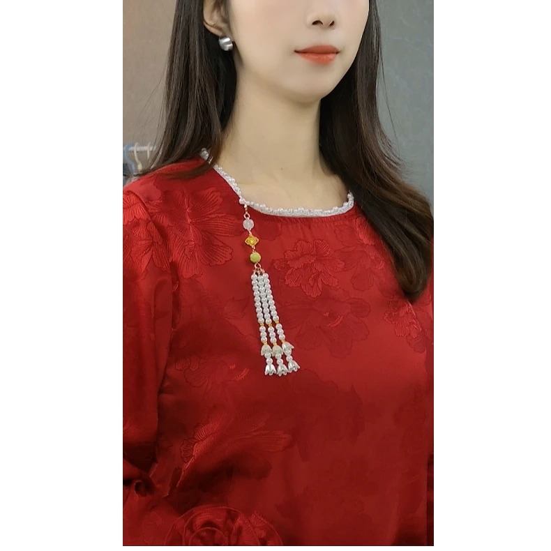 H27177新中式小衫蕾丝气质长袖复古红色中国风圆领提花网红宽松