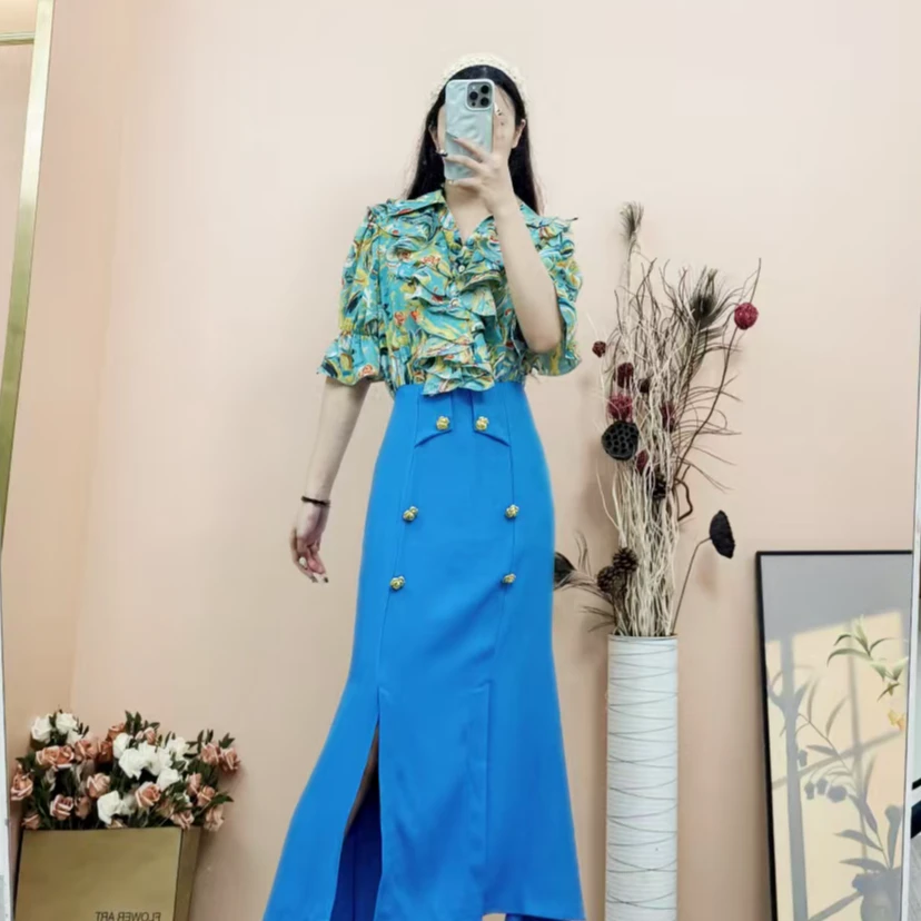 [依易原创]气质名媛风荷叶领拼接印花高腰显瘦修身鱼尾裙A1118