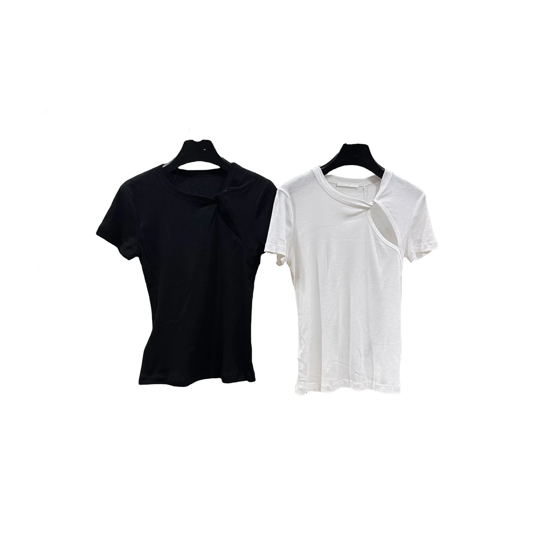 新款扭结镂空设计感开衩修身正肩时尚短袖恤显瘦上衣女夏季