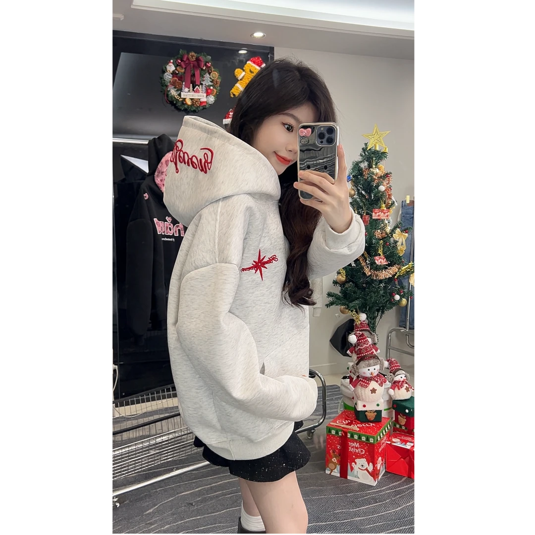 HandSeven美式重工字母星芒刺绣连帽卫衣秋冬重磅卫衣保暖外套