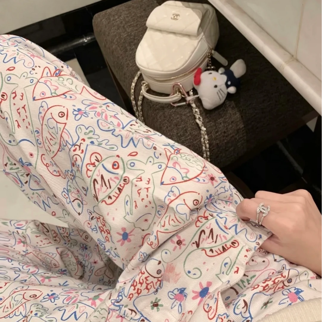 25ss小鱼涂鸦双褶直筒牛仔裤
