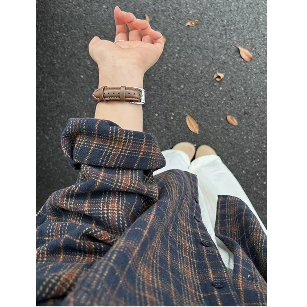 藏青色格子宽松衬衫外套女2025新款秋冬高级感轻奢减龄长袖上衣