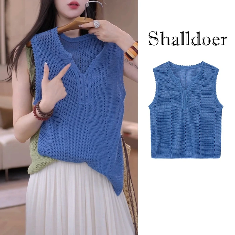 2025新款时尚洋气减龄背心小衫夏季上新亚麻镂空透气V领显瘦马甲