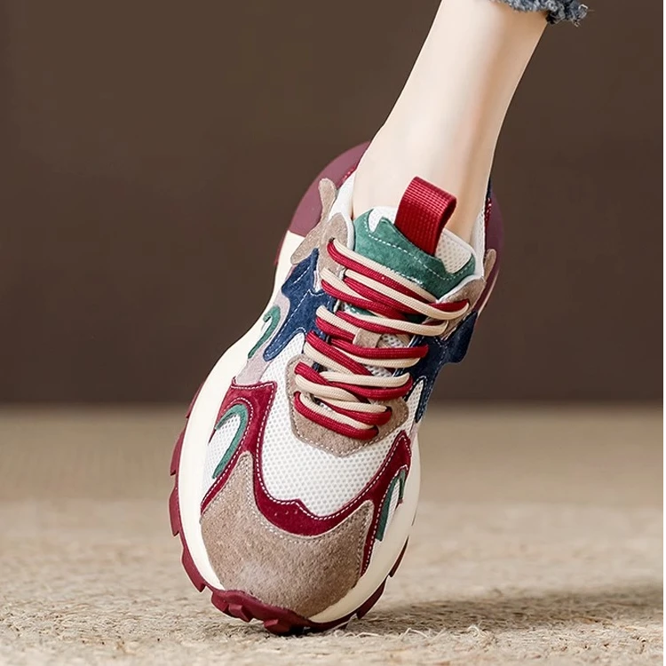 夏季透气红色运动鞋女小蛮腰阿甘鞋2025新款女鞋显脚小老爹鞋网面