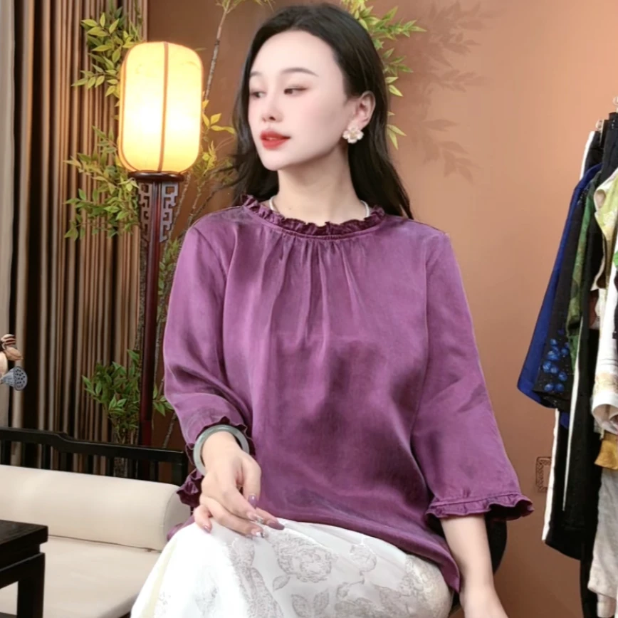 秋季新款100%桑蚕丝时尚大王缎上衣圆领透气百搭国风上衣女S255
