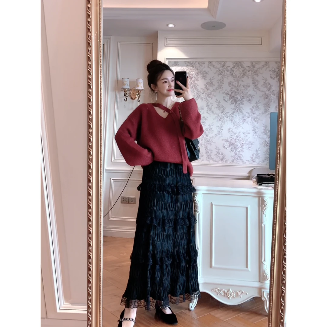 【ZHUJIE】蕾丝拼接丝绒高腰显瘦蛋糕半身裙