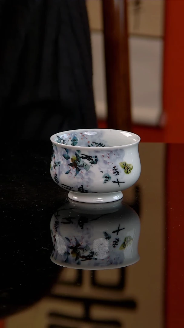 李华手绘釉中五彩紫藤花炉式杯