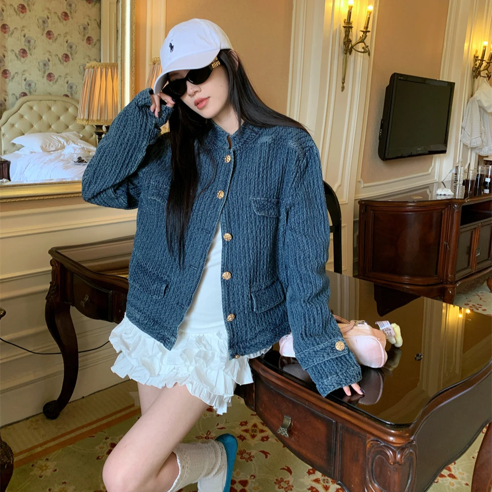 复古牛仔小香风外套女早秋季宽松肌理感立领蓝色夹克百搭气质上衣