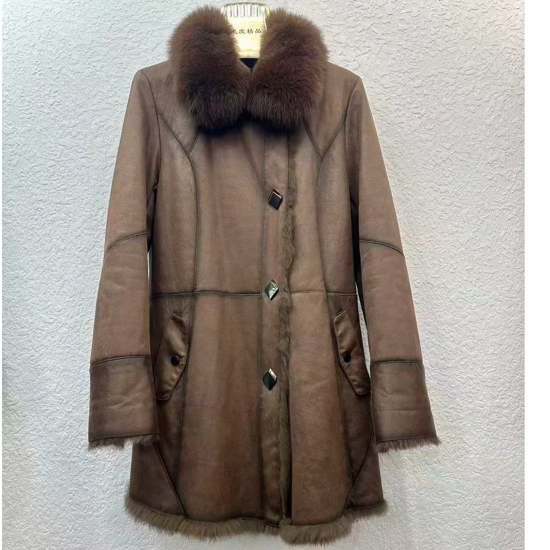 海宁皮草新款气质时尚轻奢兔毛大码女装中长款秋冬狐狸毛领外套