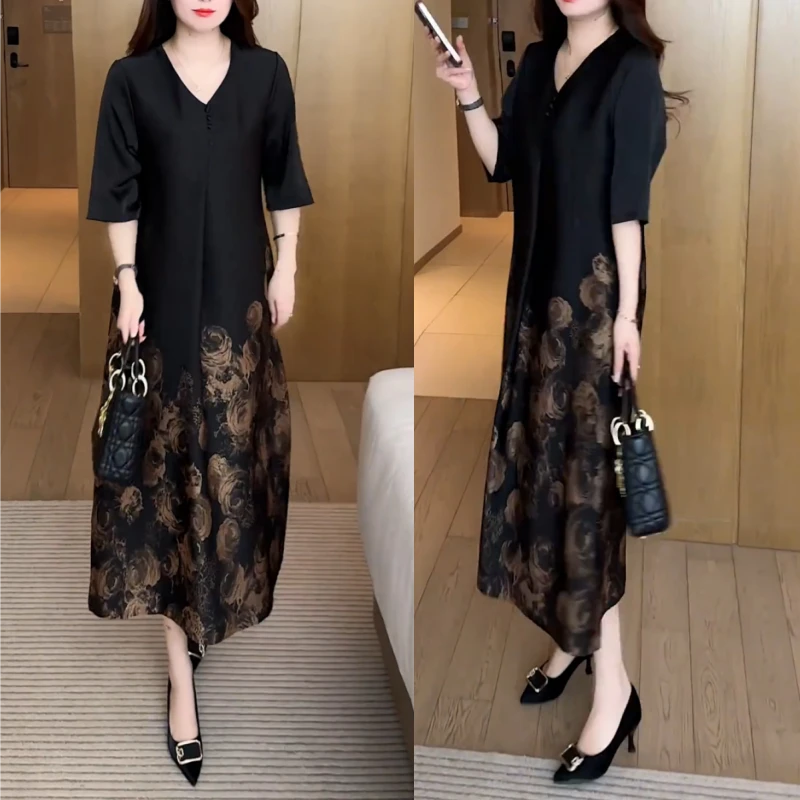 夏季大码女装气质中老年连衣裙洋气宽松遮肉裙子夏季中长款过膝裙