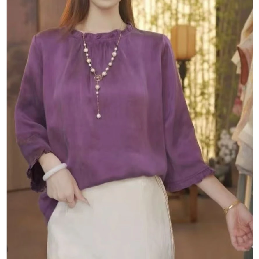 【722】新中式纯色长袖上衣木耳须领时尚百搭宽松套头中国风女