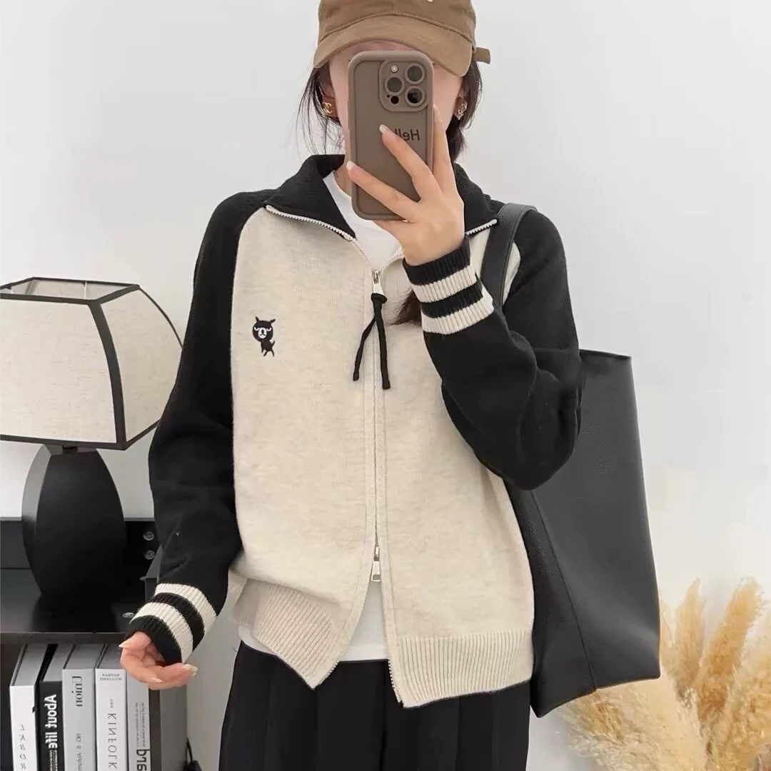 特！门店27&9！翻领双拉链拼色女式针织衫Z00677