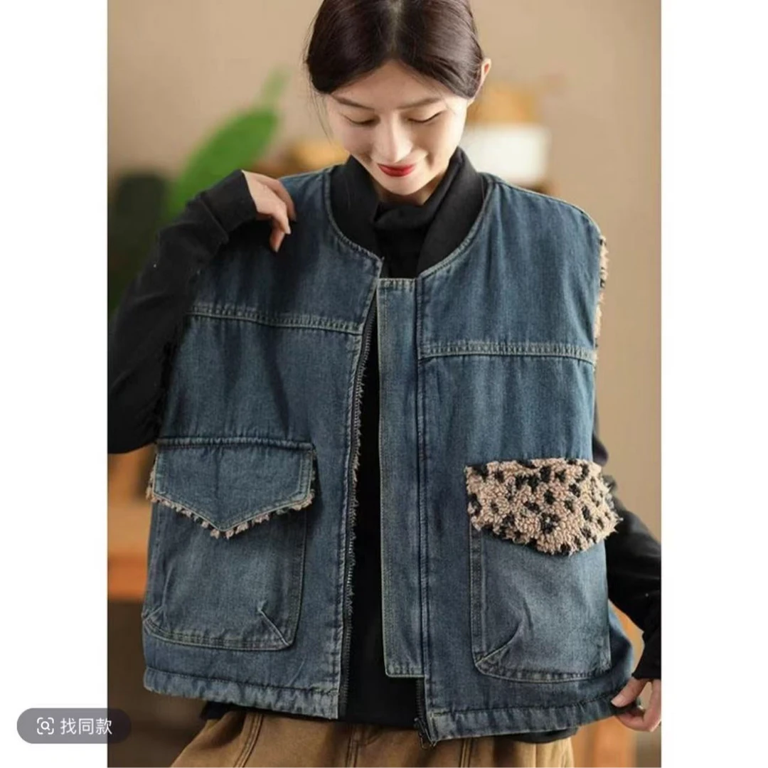 8572新款舒适百搭休闲无袖牛仔加绒连帽马夹