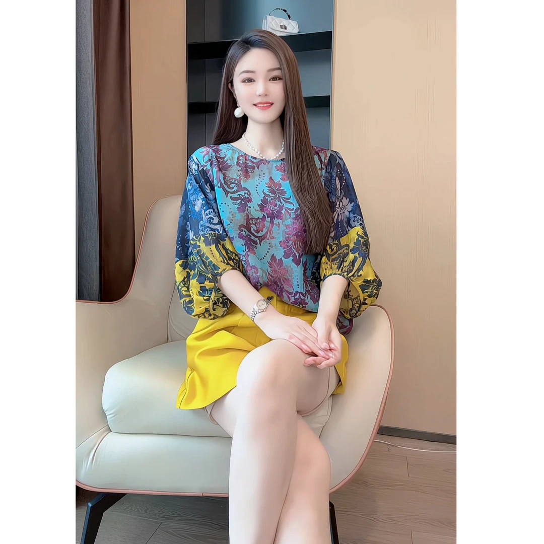 【深圳米熙儿】100%桑蚕丝夏季款式显瘦印花衬衫2310