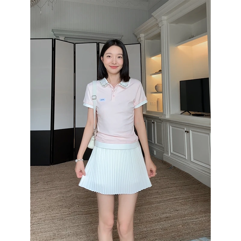 郭九九呢 棉质撞色钉钻修身显瘦粉短袖t恤百褶半身裙 G925Y08903