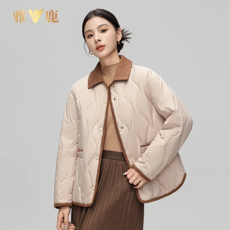 V/雅鹿2025春新款女士短款羽绒服翻领气质时尚小香风编织休闲保暖